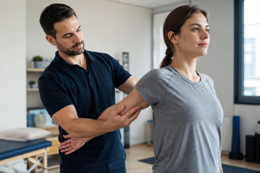 A male physiotherapist in a blue polo shirt assists a woman in a grey t-shirt with arm and shoulder stretches in a bright clinic featuring an anatomical chart on the wall